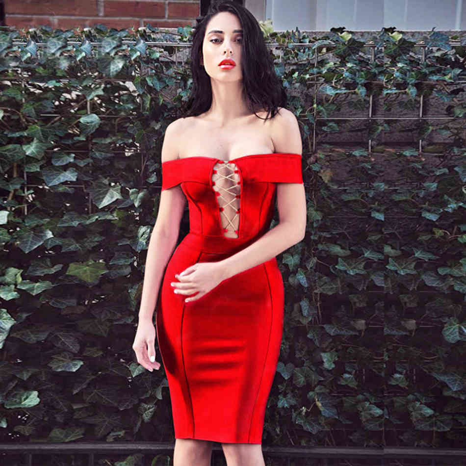 Free Sell Off the Shoulder Women Bandage Dress Red Mini Dresses Sexy Slash Hollow Out Celebrity Party Club Vestidos 210524