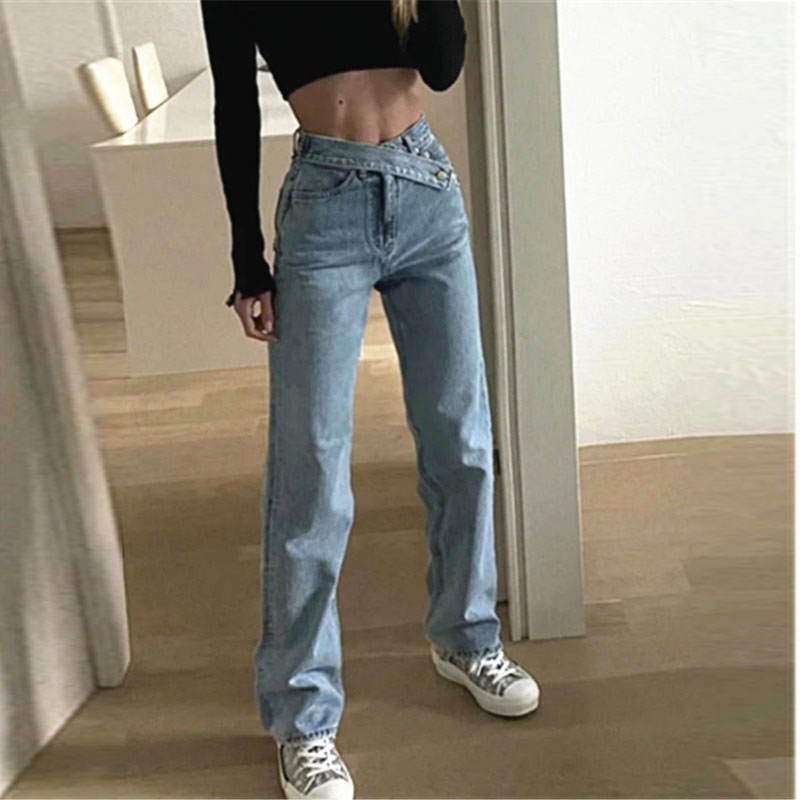 2011vintage asymmetric waist straight woman jeans high waist denim wide leg pants loose boyfriend jeans 2021 autumn, Blue
2011vintage asymmetric waist straight woman jeans high waist denim wide leg pants loose boyfriend jeans 2021 autumn, Blue
