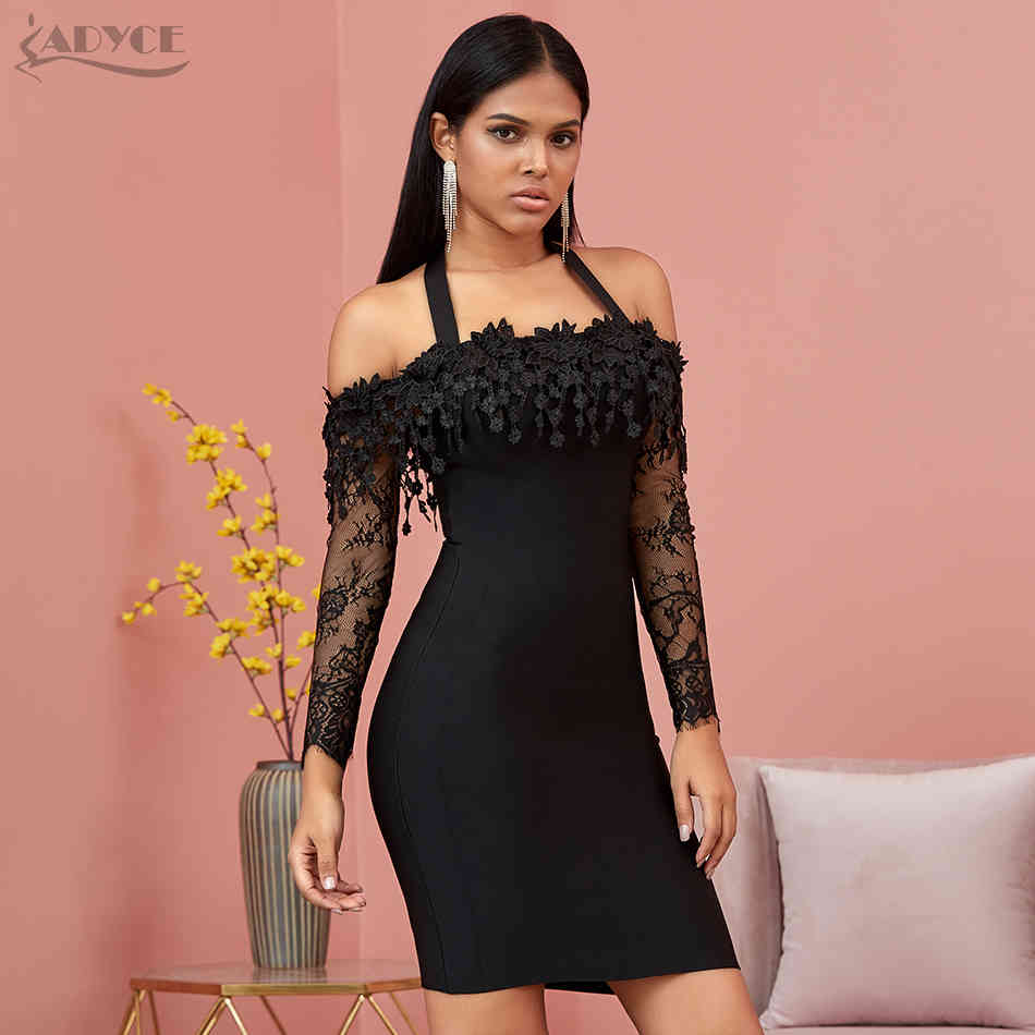 Winter Lace Off Shoulder Bandage Dress Women Sexy Long Sleeve Black Club Celebrity Evening Runway Party Dresses 210423