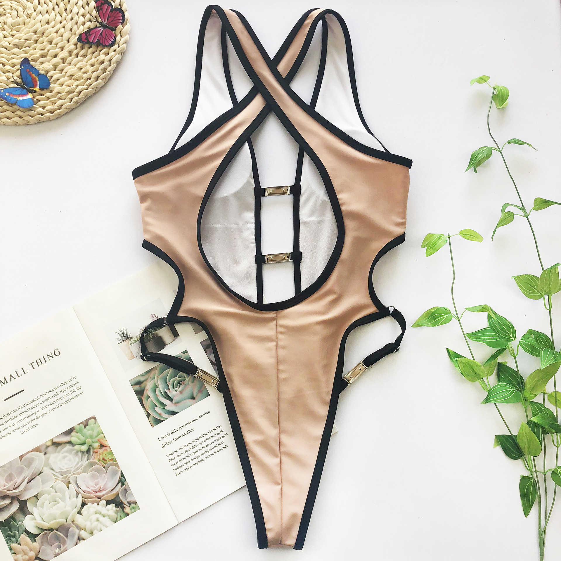 Metal Buckle Swimsuit Sexy Low-cut Hollow Out Beach Bodysuit Bikini Push Up Brazil Cross Backless Beachwears 210604
