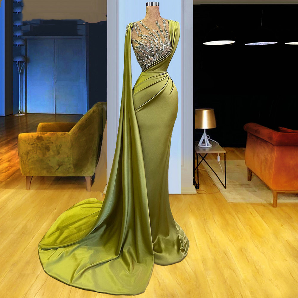 Green Long Olive Mermaid Evening Dresses Beads Satin Party Prom Gowns Middle East Formal Robe Doire De Mariage