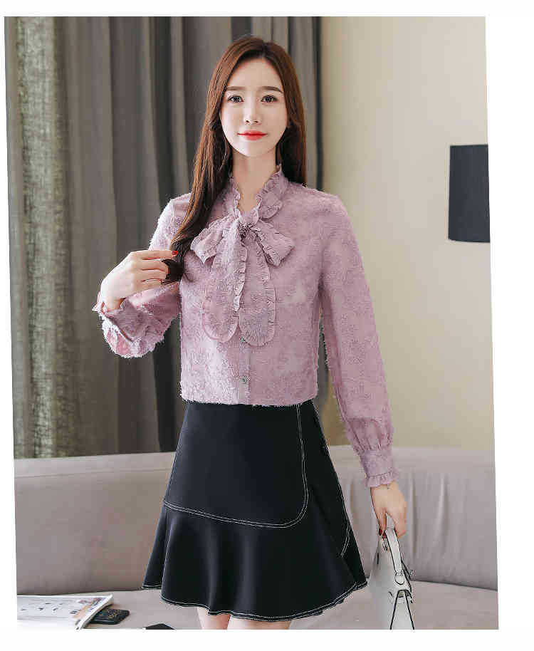 womens tops and blouses blusas mujer de moda ladies long sleeve bow Lace-up jacquard shirt chemisier femme 6760 50 210427