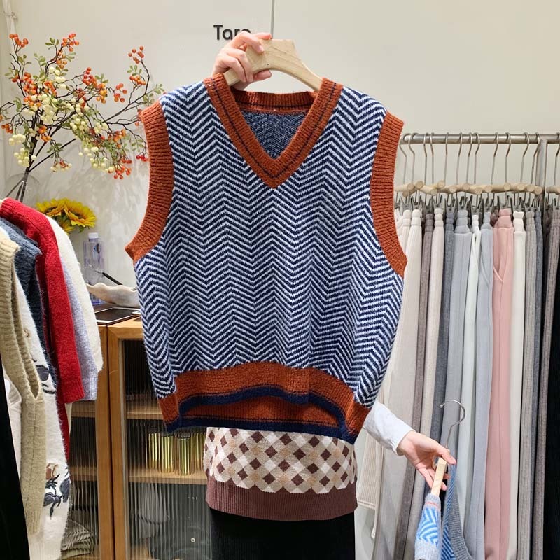 Nomikuma Spring Sleeveless Sweater Vest Korean Hit Color Striped Pullovers Causal V-neck Women Jumper Ropa Mujer 6D956 210427