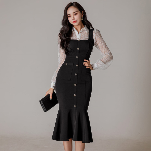 Spring Women Two Piece Sets Sexy Lace Long Sleeve Shirt and Elegant Black Bodycon Single-breasted Female Slim Mermaid Dress 210519