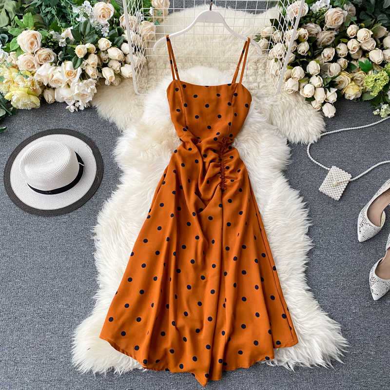 Spring Summer Fashion Polka Dot Print Sleeveless Pleated High Waist Dress Vestidos L487 210527