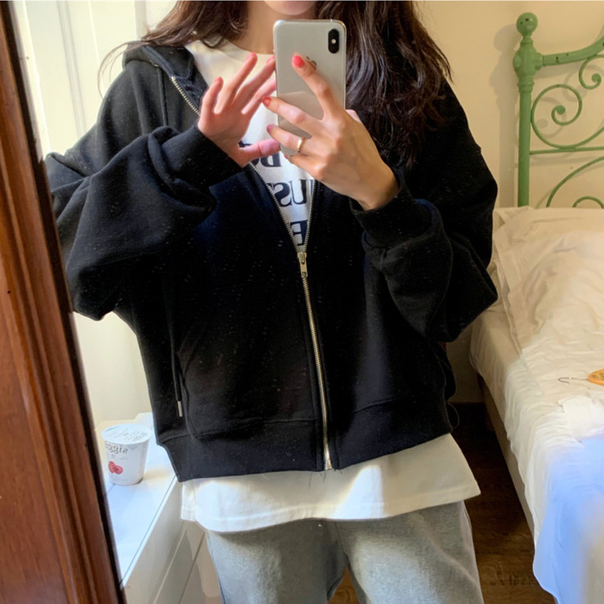 Comelsexy Autumn Full Cotton Hooded Sportswear Zip-up Sweatshirt Women Solid Regular Korean Woman Hoodie Female 210515