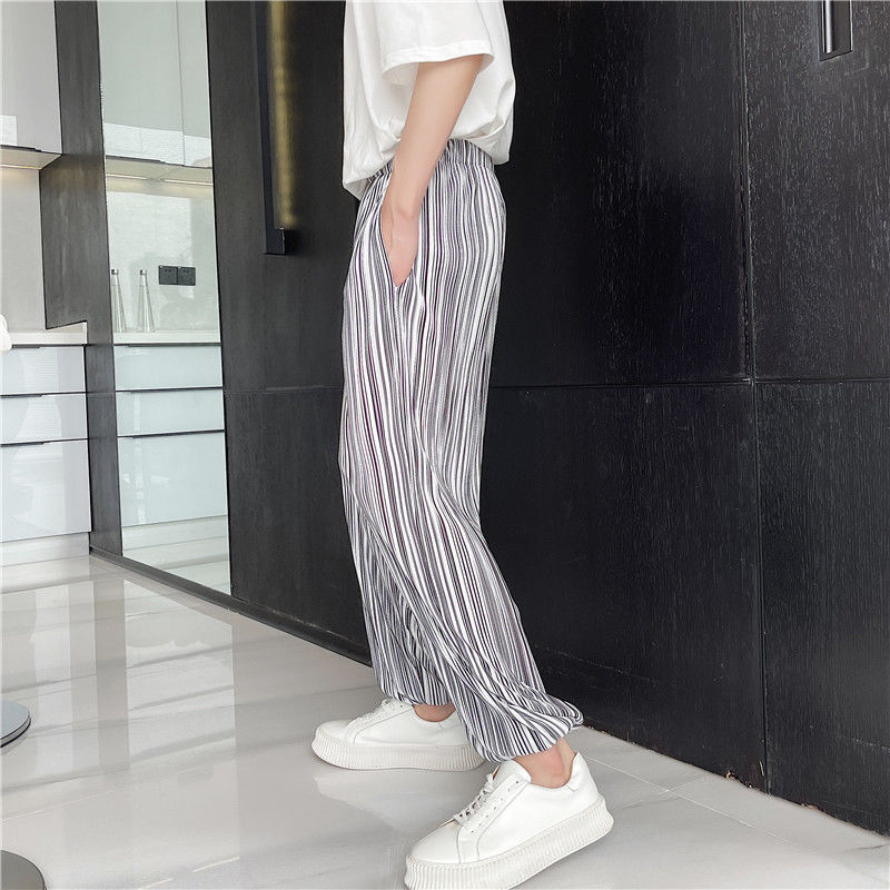 IEFB Men's Striped Casual Pants Korean Loose And Fashionable Baggy Pants Wide Leg Pants Elastic Waist Causal Summer Trousers 210524