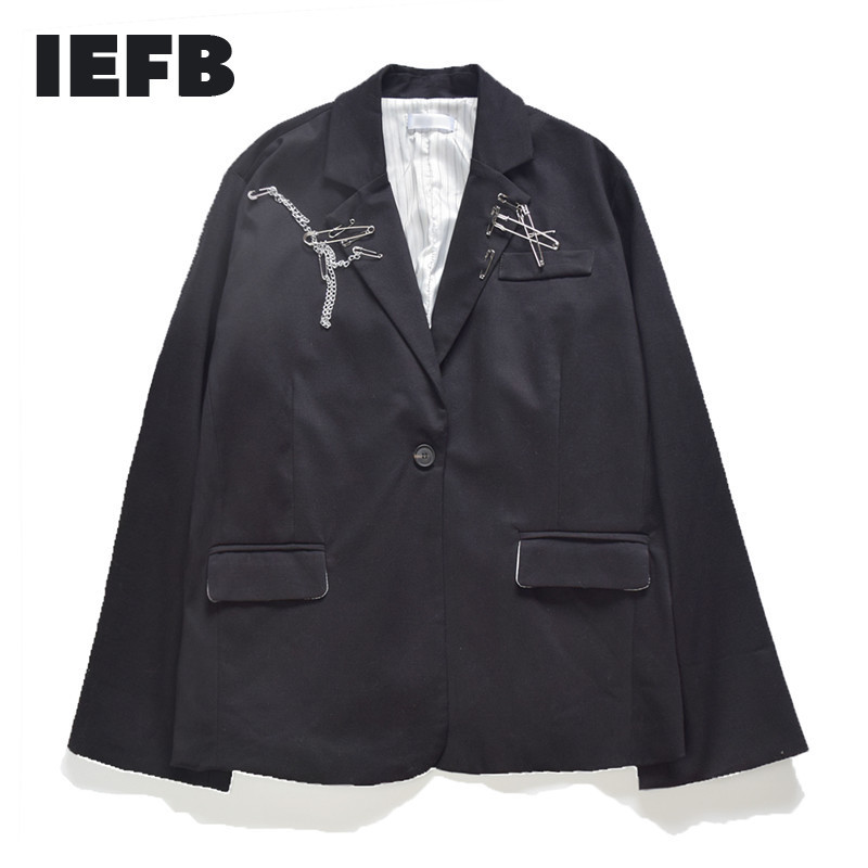 IEFB /men's wear streetwear korean fashion Small Suit Loose Handsome casual black blazers Chain pin decoration black coat 9Y1276 210524
