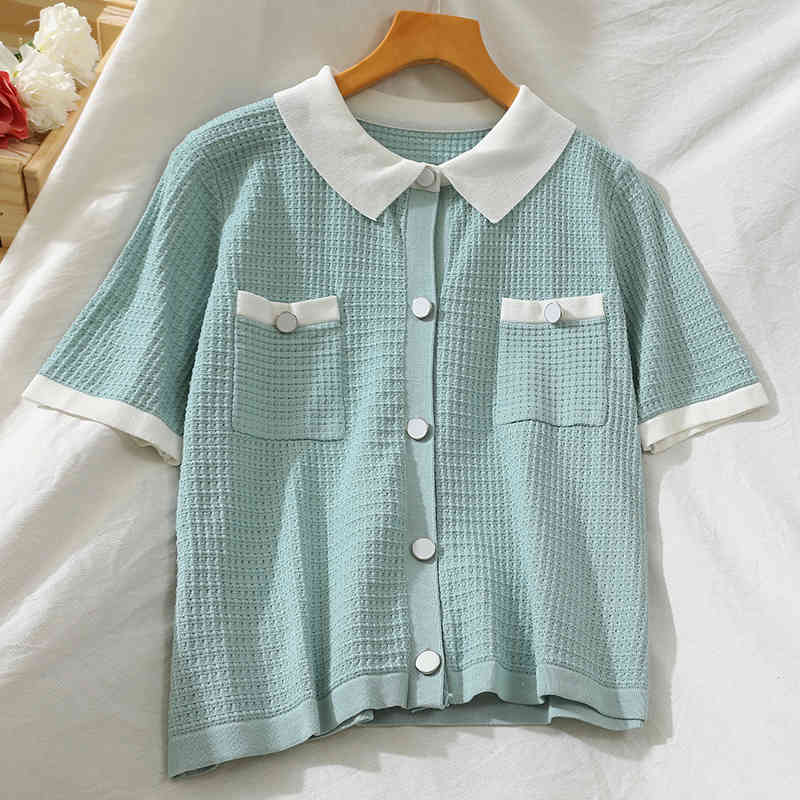 Casual Knitted T Shirt Women Short Sleeve Korean Fashion Turn-down Collar T-shirt Ladies Tops Tees 210519