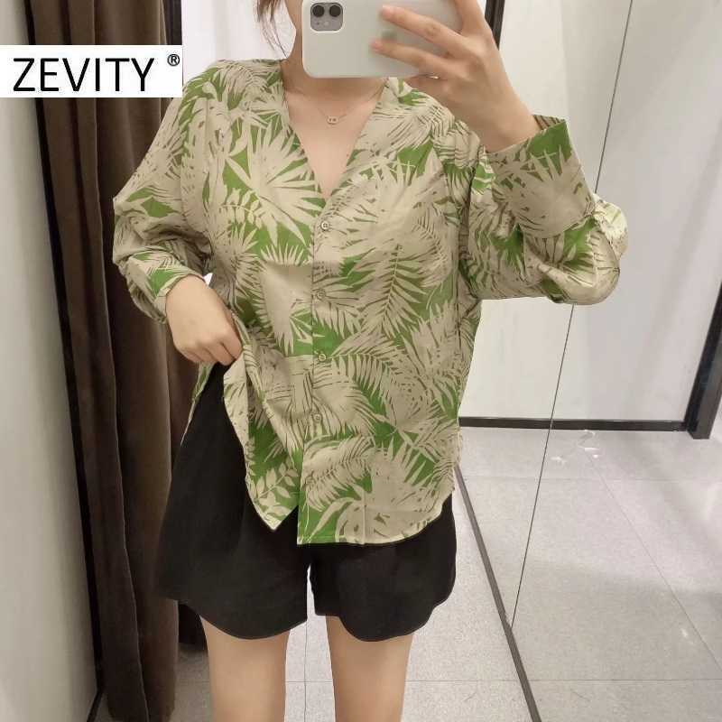 ZEVITY women vintage v neck leaves print casual smock blouse shirt women long sleeve breasted chic femininas blusas tops LS7246 210603