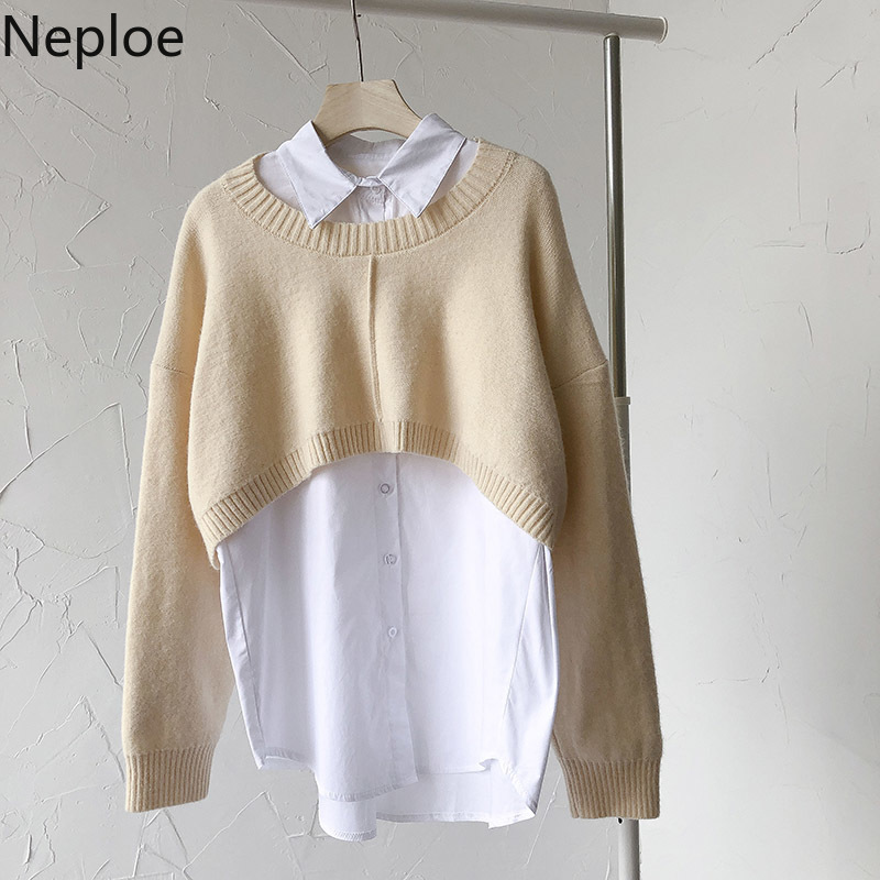 Neploe Korean Fashion Suit Two Piece Outfits for Women Knitted Cropped Sweater Loose White Shirt Tops Casual 2 Piece Set 210422