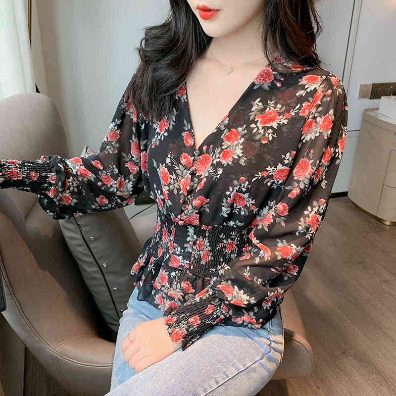 Casual V-Neck Lantern Long Sleeve Shirt Floral Print Shirts Women Chiffon Blouses Blusas Mujer Autumn Pullover Tops 10585 210506