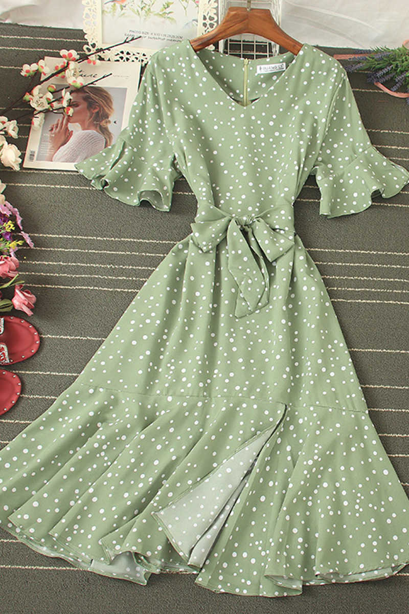 LY VAREY LIN Summer Polka Dot V neck Flare Sleeve Dress Casual Slim High Waist Mid-Calf Women 210526