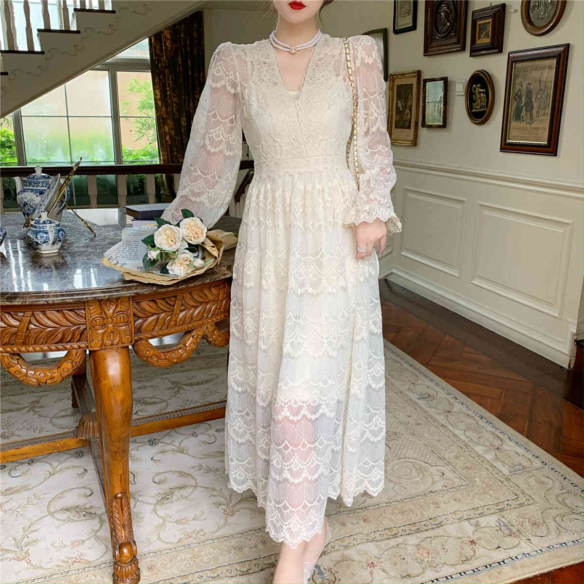 French Vintage Dress Women Casual Long Sleeve Lace Dress Korean Evening Party Retro Elegant Dress Female Autumn 210521