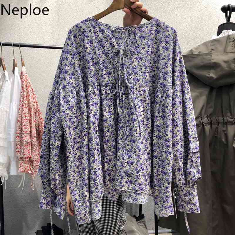 Neploe Vintage Floral Tops Female Loose Thin Long Sleeve Shirt Women Korean Clothing Vintage Blusas O Neck Chiffon Blouse 4h842 210422