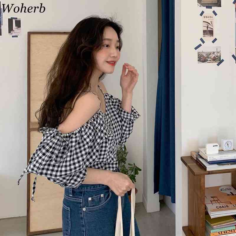 Plaid Sexy Spaghetti Strap Blouses Women Vintage Off Shoulder Loose Korean Shirts Casual Bow Lace-up Blouse Tops Mujer 210519