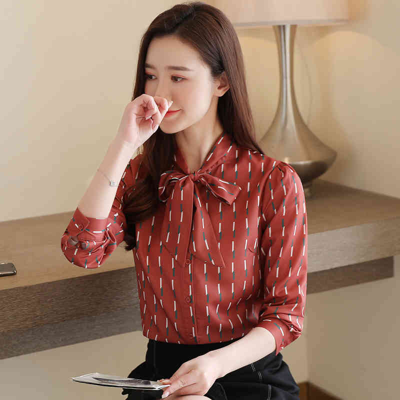 Fashion Bow Chiffon Blouse Cardigan Shirt Autumn Striped s Womens Tops and Blouses Long Sleeve Blusas 10749 210506