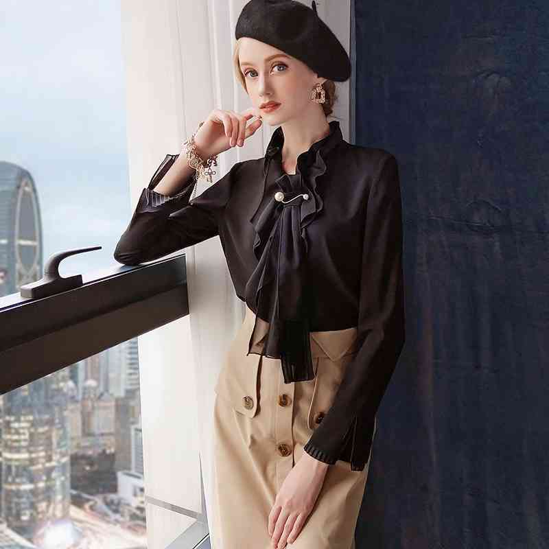 Dabuwawa Elegant Black Women Solid Chiffon Blouse Autumn Office Lady Long Sleeve Bow Front Blouses Shirts Tops Female DT1CST010 210520
