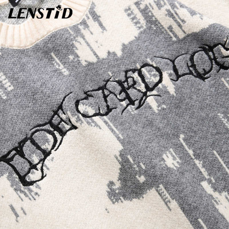 LENSTID Men Hip Hop Knitted Jumper Sweaters Letter Embroidery Print Streetwear Harajuku Autumn Hipster Casual Loose Pullovers 210929