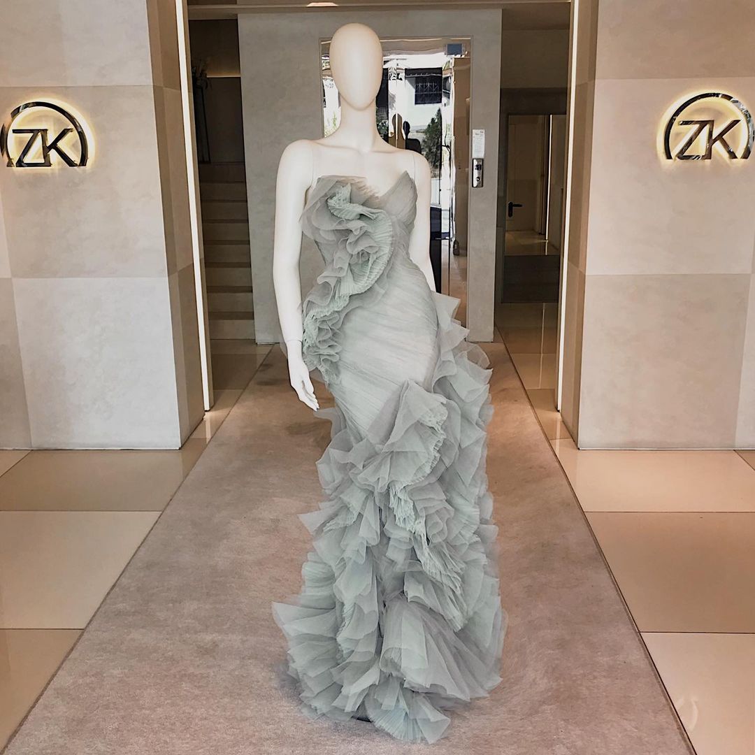 Mint Green mermaid Prom Dresses Strapless Floral Ruffles tiered Clound Tulle fishtail Evening Dress Women Pageant Gowns 2022