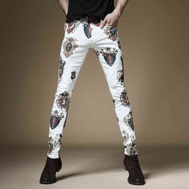Jean Royal Crown Imprimé Skinny Jeans Homme Fashion White White Outfit Elastic Denim Club Denim Crim Pants Parti