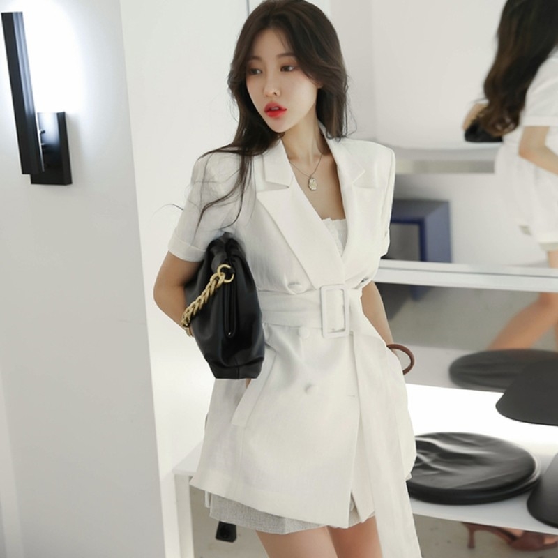 Elegant Cotton Linen Work Blazer Women Summer Short Sleeve Belted Female Suit Jacket Fashion Clothing 210519