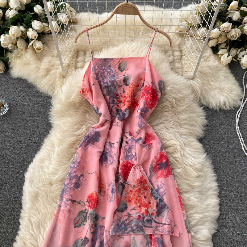 DEAT Women Printing Slin Asymmetrical Dress Square Neck Sleeveless Arrivals Lady Sexy Fashion Spring Summer 11D557 210709