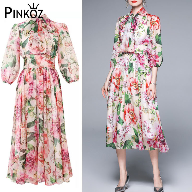 fashion Summer Vacation Runway Dress Women Bow Tie Floral Print Elegant Chiffon es Ladies Midi vestidos 210421
