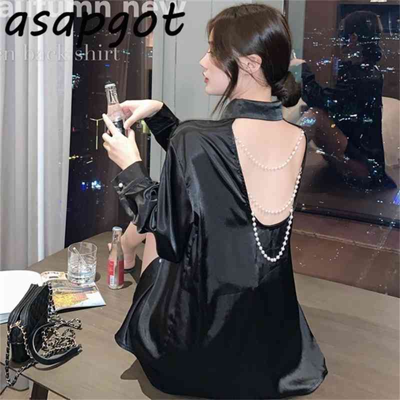 Blouses & Shirts Spring Sexy Black Backless Hollow Out Pearl Chain Satin Blouse Loose Full White Shirt Women Clothing Retro 210429