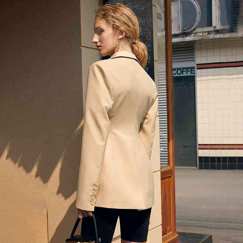 [EAM] Women Light Khak Shaped Vintage Blazer Lapel Long Sleeve Loose Fit Jacket Fashion Spring Autumn 1DD8050 210512