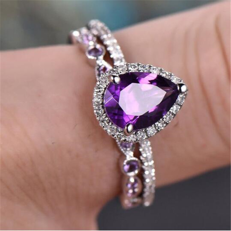 Choucong Unique Amethyst CZ Dia Water Drop Gemstones Women Couple Bridal Ring Set