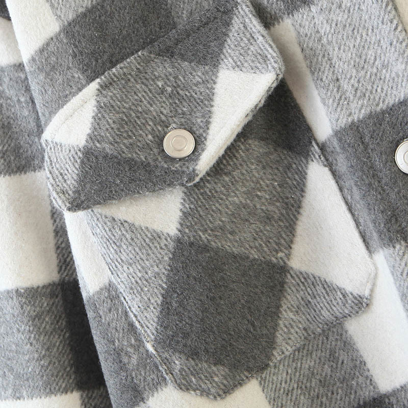 Women Vintage Tweed Plaid Shirt Jacket Long Sleeve Single Breasted Coat With Pockets Turn Down Collar Ladies Jackets 210515