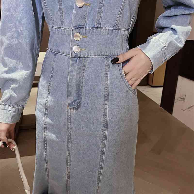 Spring Vintage Elegant Long Denim Dress Female Slim Single-Breasted Trumpet Mermaid Women's Robe 210520