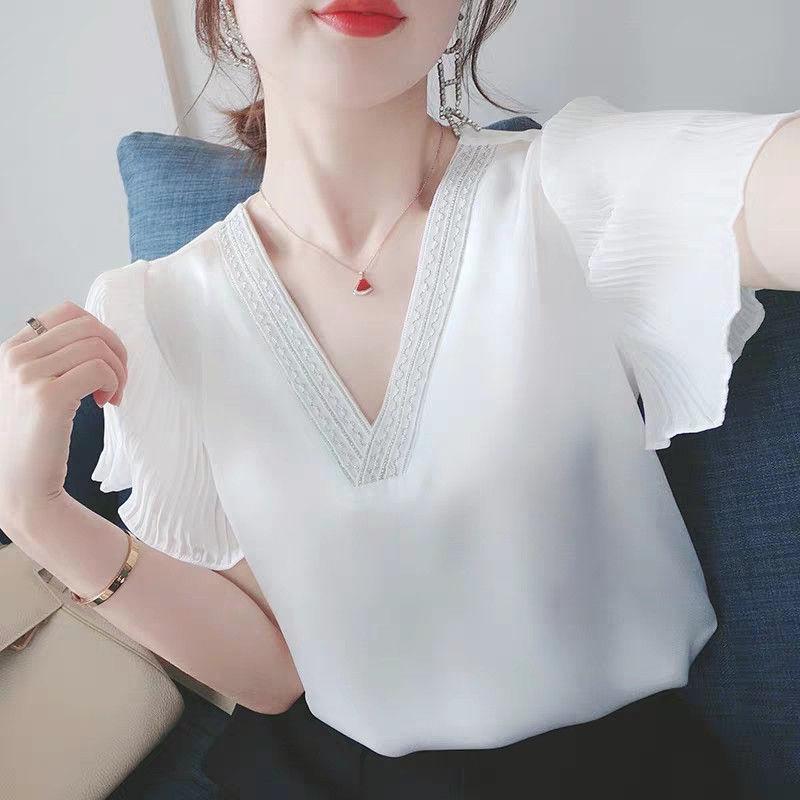 Women' Blouses & Shirts Chiffon V-neck Solid Color 2021 Spring Summer Style Shirt Butterfly Sleeve Elegant Casual Loose White Blue Tops
Women' Blouses & Shirts Chiffon V-neck Solid Color 2021 Spring Summer Style Shirt Butterfly Sleeve Elegant Casual Loose White Blue Tops