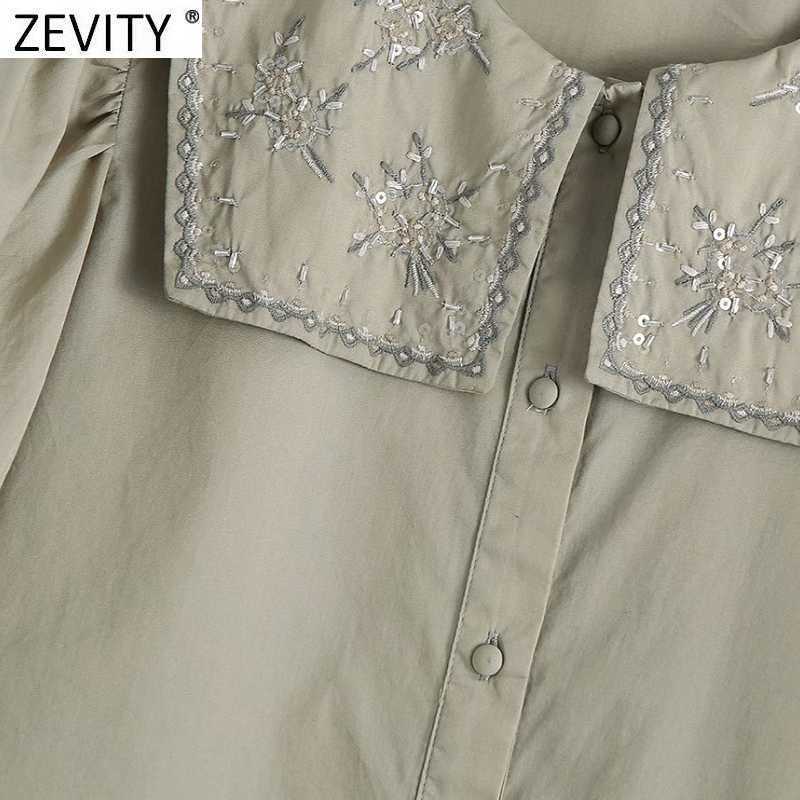 Zevity Women Vintage Turn Down Collar Floral Embroidery Smock Blouse Female Pleat Puff Sleeve Shirt Chic Blusas Tops LS9362 210603