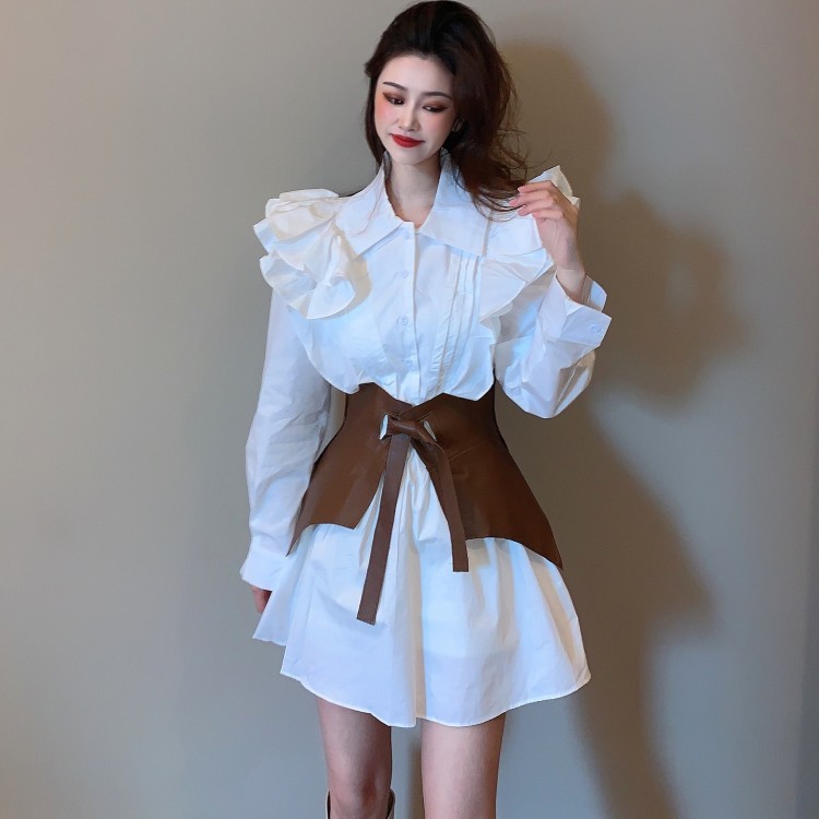 Fashion Korean Elagant Women Ruffles Long Sleeve Lady Shirt Party Dress Female Vestidos With Belt 210519