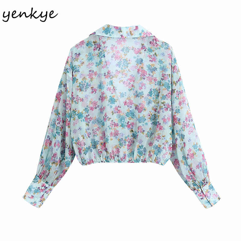 Sexy Transparent Floral Print Chiffon Blouse Women Cross V Neck Long Sleeve Summer Crop Top Fashion Blusas 210430