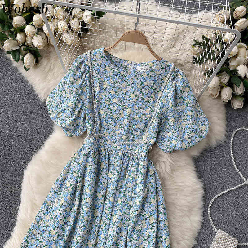 Korean Chic Floral Puff Sleeve Dress High Waist Vintage Ladies Crew Neck Pearl Beading Party Vestidos Ropa Mujer Elegant 210519