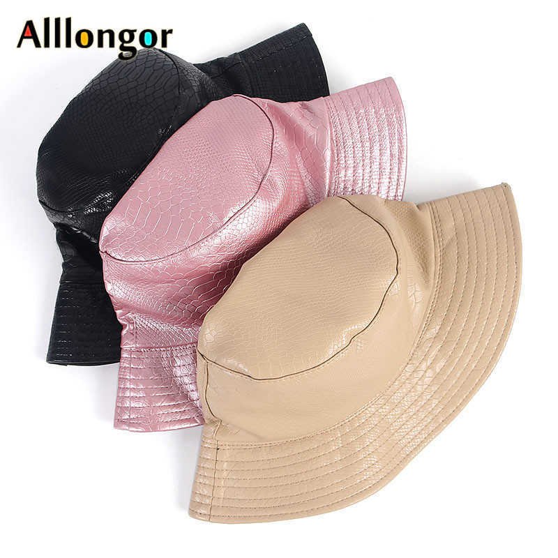 2021 Reversible France Black Leather Folding Women's Bucket Hat Women bob Fishing Hats fisherman Cap Men gorros pescador hip hop H0828