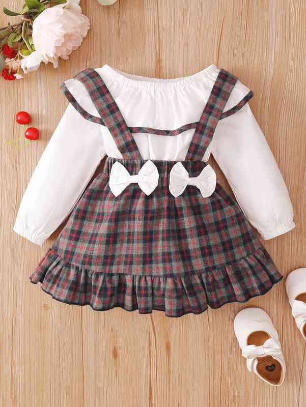 Baby Contrast Binding Bodysuit & Plaid Print Bow Front Ruffle Hem Suspender Skirt SHE