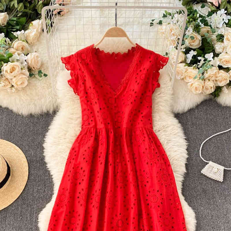 LoveFlowerLife Spring Summer Bohemia Solid A Line Dress V Neck Single Breasted Chiffon High Waist Women Dresses 210521