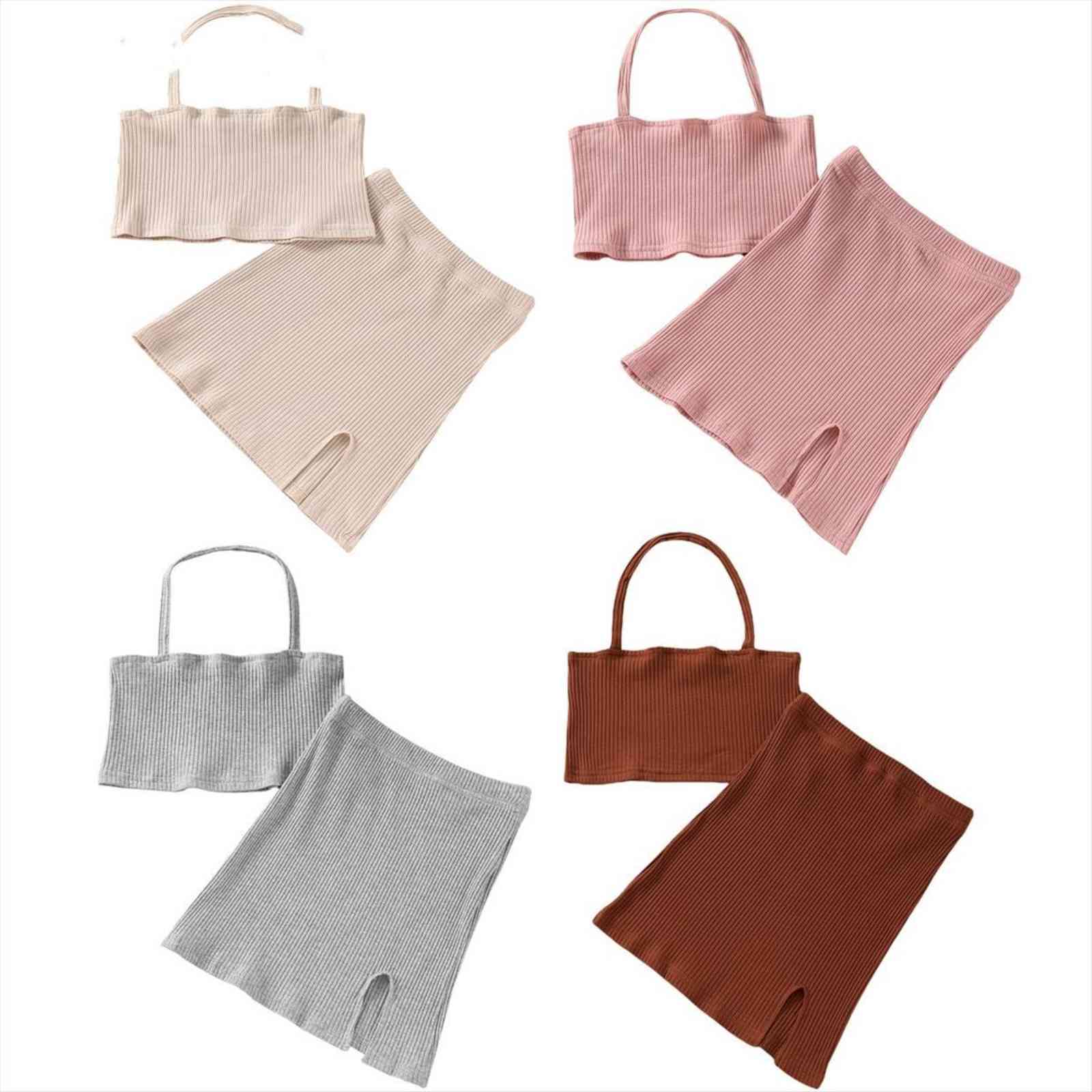 2pcs Kids Summer Outfit Solid Color Ribbed Halter Neck Sleeveless Crop Tops Short Slit Skirt For Girls 2 7 Years, White
2pcs Kids Summer Outfit Solid Color Ribbed Halter Neck Sleeveless Crop Tops Short Slit Skirt For Girls 2 7 Years, White