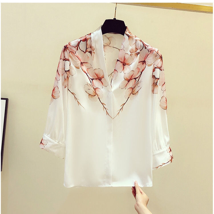 Women's Spring Autumn Style Chiffon Blouses Shirt V-Neck Printed Three Quarter Sleeve Casual Loose Tops DF3895 210317