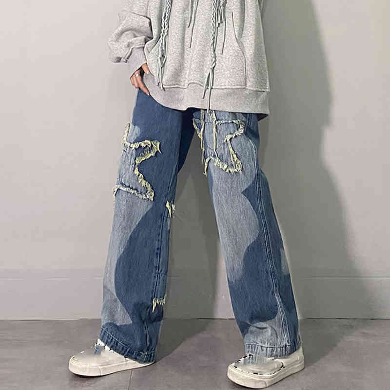 Big Hand Flower Appliques Jeans Women's Spring Straight Wash Multi-layer Wide Leg Denim Pants Female 5B350 210427