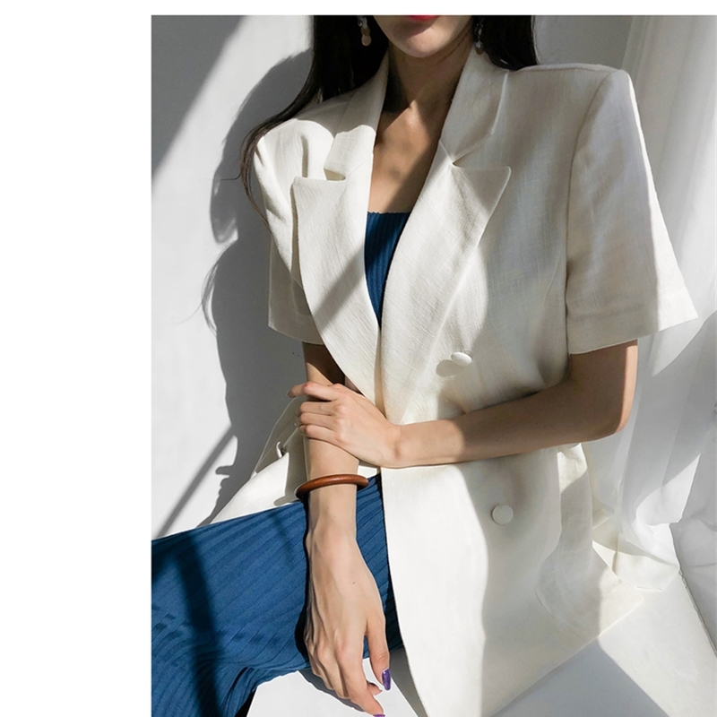 Elegant Cotton Linen Work Blazer Women Summer Short Sleeve Belted Female Suit Jacket Fashion Clothing 210519