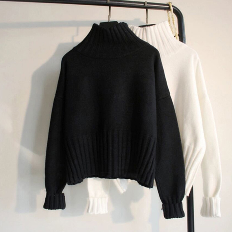 Autumn Winter Knit Black White Sweater Women Korean Warm Turtleneck Long Sleeve Jumper Pullover Female Knitwear 210421