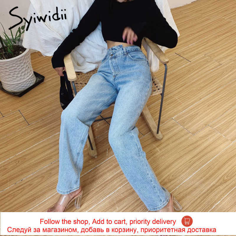 Syiwidii Irregular High Waisted Mom Jeans for Women Straight Street Full Length Denim Pants Clothes Fashion Spliced 210922
