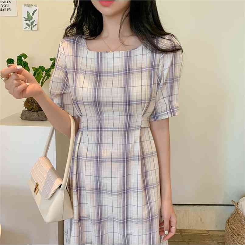 S- XL Plus Size Summer Dress Girls Party Female Vintage PLAID short Sleeve Women es purple oversize Robe Vestido 210423