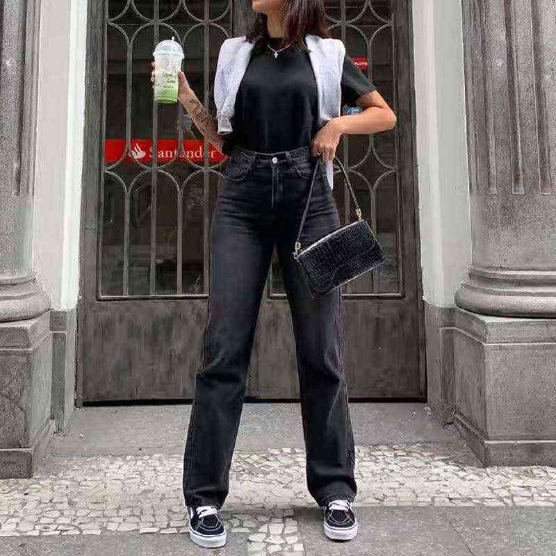 Women's Pants Black Jeans Women Baggy Fashion Washed Denim Trousers Straight Mom High Waist Streetwear 211129