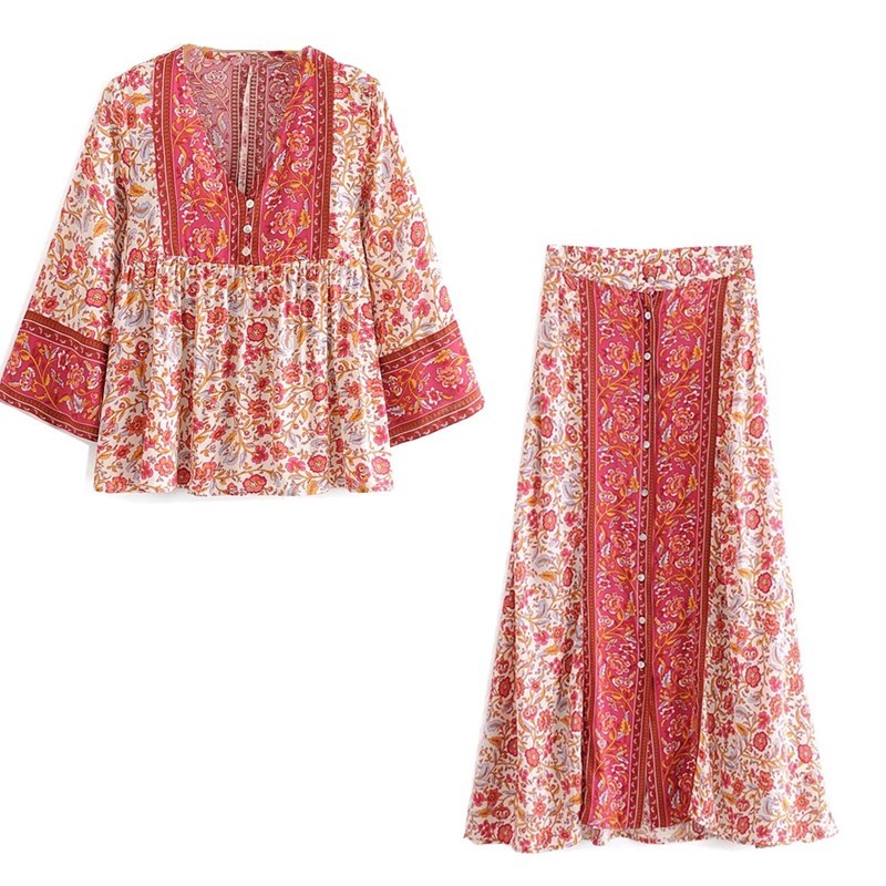 Bohemia Open Button V neck Floral Print Pullover Shirt Women Buttons High Waist Maxi Long Skirt green Holiday 2 Pieces Set 210429